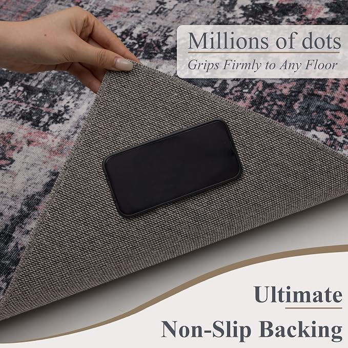 Sasttie 9x12 Washable Area Rug, Modern Abstract Large Carpet, Black & Pink | OEKO-TEX Certified, Ultra-Soft Faux Wool, Low Pile, Non-Slip, Lightweight, Thin, for Living Room, Bedroom, Dinning Room