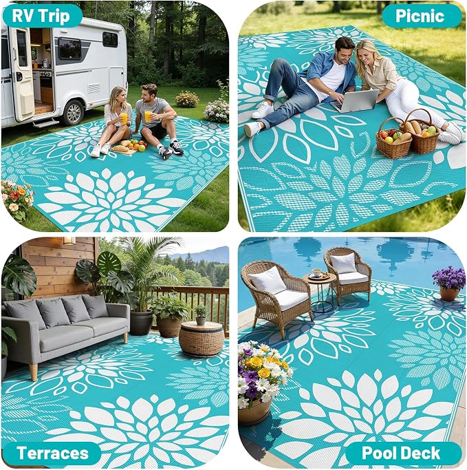 HEBE Waterproof Outdoor Rug 9x12 for Patios, Floral Reversible Plastic Straw Rug Patio Mat, Indoor Outdoor Carpet RV Mat Camping Rug for Deck, Camper, Porch, Balcony, Backyard, Picnic