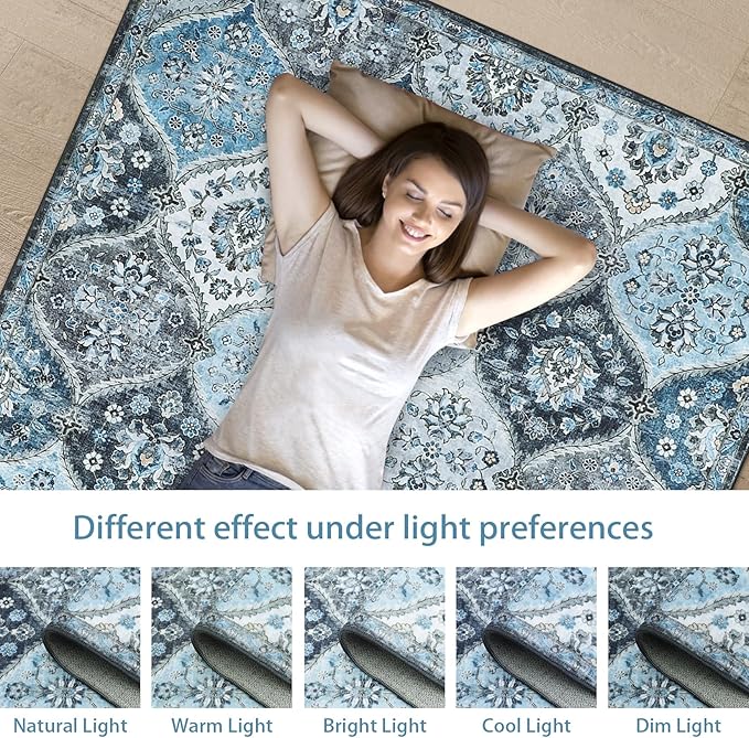 ROYHOME Runner Rug 2x10 Washable Moroccan Trellis Hallway Runner Rug | Stain Resistant Non-Slip Floor Cover Vintage Distressed Entrance Carpet for Laundry Kitchen Entryway Bedroom, Blue/Grey