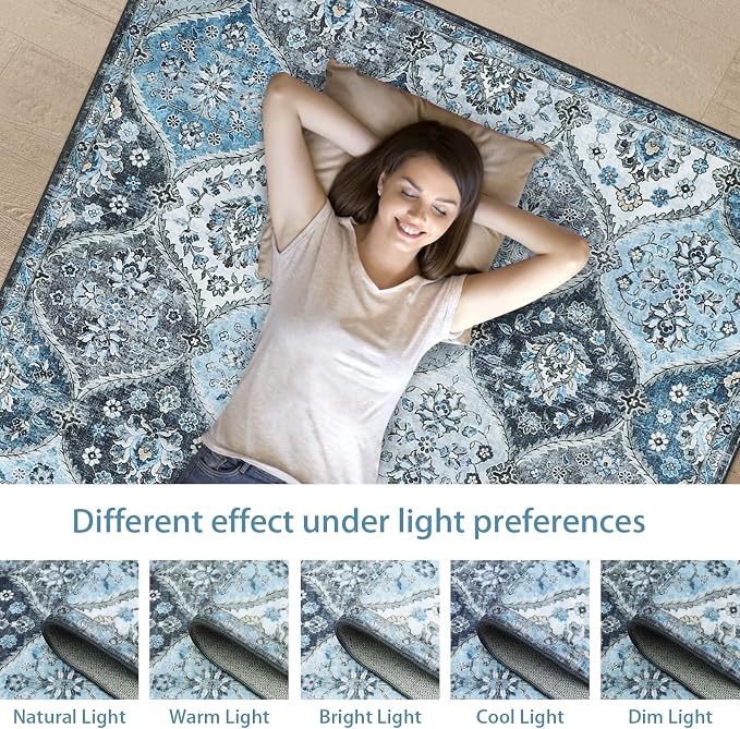 ROYHOME 8x10 Area Rug Moroccan Trellis Machine Washable Rug, Blue/Grey | Vintage Medallion Distressed Indoor Accent Rug Stain Resistant Non-Slip Floor Cover Carpet for Living Room Bedroom