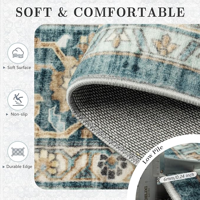 6x9 Area Rugs - Washable Vintage Retro Living Room Rug, Soft Ultra Thin Non Slip Low Pile Traditional Distressed Boho Carpet for Bedroom Dining Room Nursery Home Office, Blue