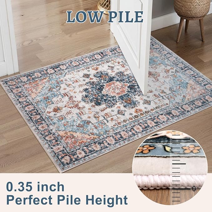 Tangsoo 3x8 Washable Runner Rugs for Hallway, Long Runner Rugs Non Slip | Oriental Soft Low Pile Rug Runner, Vintage Indoor 8ft Carpet Runners for Kitchen Bedroom Entryway Living Room Blue/Orange