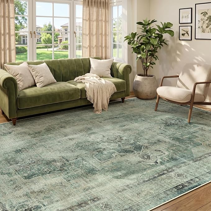 Muted Green Living Room Rug 6x9, Washable Non Slip Rug for Dining Room, Low Pile Thin Vintage Distressed Medallion Carpet Rugs for Bedrom Home Office Den, Collocated with Organic Modern Decor