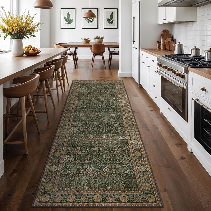 2x8 Kitchen Runner Rug, Washable Non Slip, Dark Green Brown | Vintage Floral, Spill Resistant, Lightweight Low Pile Carpet for Hallway, Bedroom, Laundry Room and Bathroom