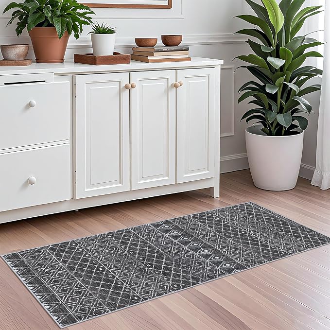 2x5 Hallway Rug Runner Moroccan: Washable Non Slip Runner Rug Black | Pets Friendly Runner Low Pile Soft Indoor Floor Mat Front Door for Kitchen Bedroom Entryway Laundry