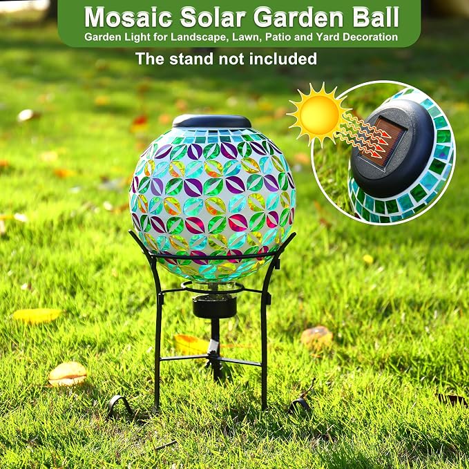SAVENNA Mosaic Solar Gazing Ball 8 Inch,Glass Garden Globe with Auto On/Off for Yard, Lawn & Outdoor Decor,Multicolor
