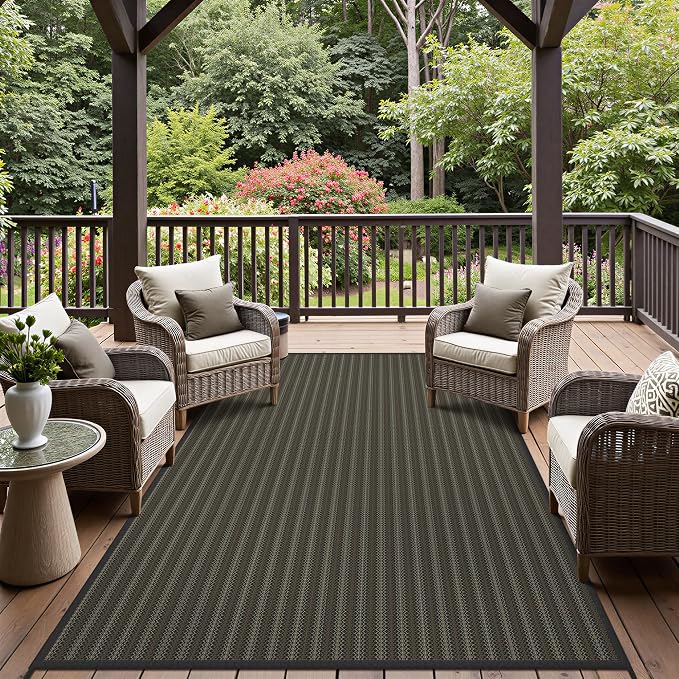 GENIMO Outdoor Rug for Patio Clearance, 5'x8' Reversible Plastic Straw Rugs, Lightweight Waterproof RV Camping Mat for Camper, Balcony, Deck, Backyard, Picnic, Black & Brown