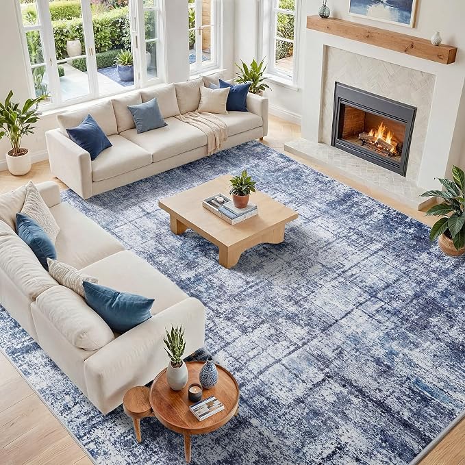 10x14 Washable Area Rug for Living Room Bedroom: Non-Slip Modern Navy Blue | Machine Washable TPR Backing, Stain-Resistant Low Pile, Pet & Kid Friendly, Abstract Decor for Dining Room, Dorm, Home Office
