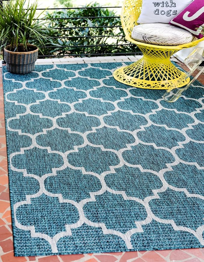 Unique Loom Outdoor Trellis Collection Area Rug (10' x 14' 1" Rectangle, Teal/ Gray)