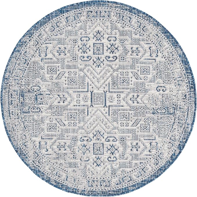 Unique Loom Outdoor Aztec Collection Area Rug - Coba (4' 1" Round, Blue/ Ivory)