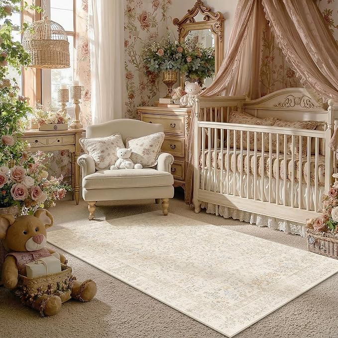 4x6 Beige Floral Small Area Rug Vintage Farmhouse Style | Washable, Non Slip, Soft Low Pile, Indoor Carpet for Bedroom, Nursery, Apartment Living Room, Botanical Decor