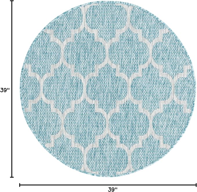 Unique Loom Trellis Collection Area Rug-Lattice Design, Moroccan Inspired for Indoor/Outdoor Décor, 3 ft 3 in x 3 ft 3 in Round, Aquamarine/Gray