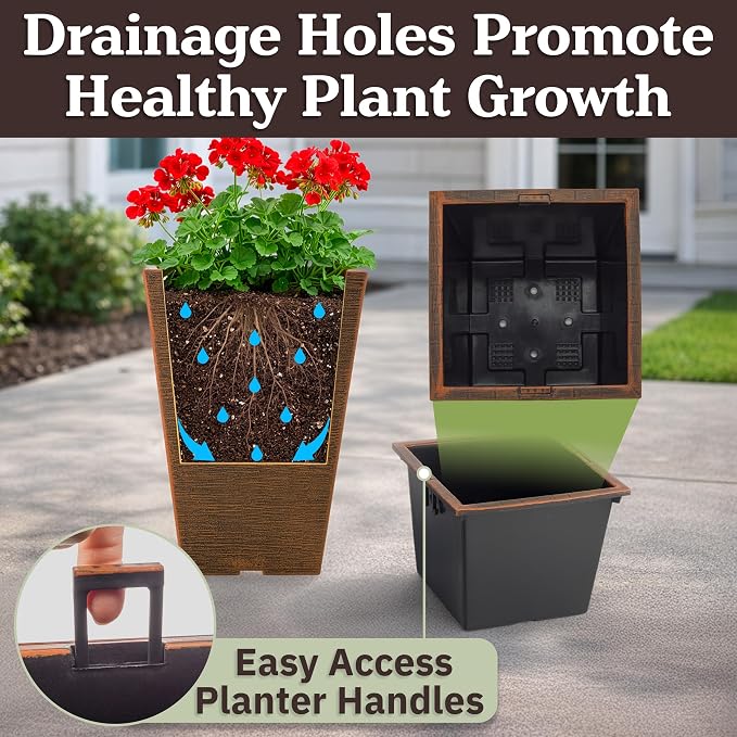 Large Outdoor Planters 2-Pack - 13.75-Inch Tall Planters for Outdoor Plants or Indoor Pots for Plants - Plastic Flower Pots for Patio, Entryway, or Front Porch Decor by Pure Garden (Bronze)