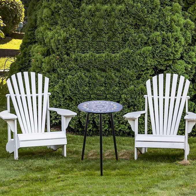 Metal Outdoor Side Tables Set of Two Small Outside Round End Table for Patio Modern Accent Garden Corner Table for Small Spaces, Balcony, Porch, Weather-Resistant, Plant Stand Indoor, Blue