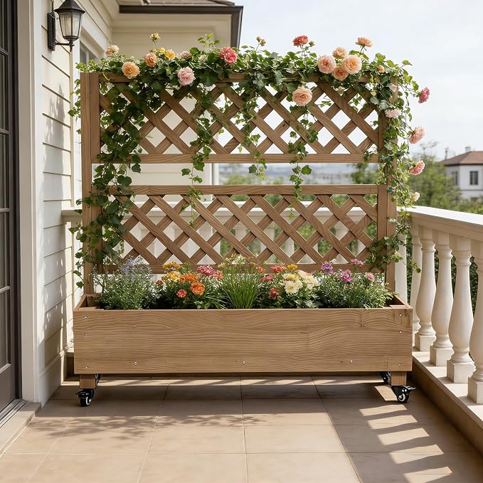 Raised Garden Bed with Wheels Outdoor, Large Garden Planter Box Tomato Flower Pots Cages with Standing Diamond Lattice Trellis for Vegetables Vines Herbs Fruits & Climbing Plants (Rhombic Grid))