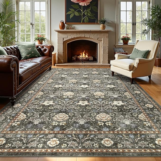 GarveeHome Area Rugs 8x10 for Living Room, Floral Large Washable Rug Soft Non Slip Carpet Indoor Thin Accent Rug for Bedroom Dining Room Playroom Nursery Home Decor