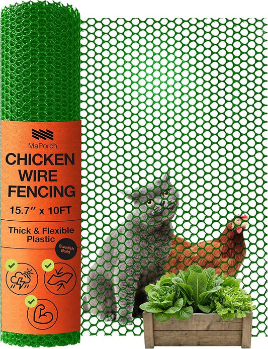 Maporch Plastic Chicken Wire Fencing for Pet Protection - 15.7" x 10ft, HDPE Green Chicken Wire - Garden Fence Animal Barrier for Dogs, Cats and Rabbits (1-Pack) | 15.7" x 10ft - HDPE Home and Garden Netting - UV Resistant - Customizable Balcony Barrie...