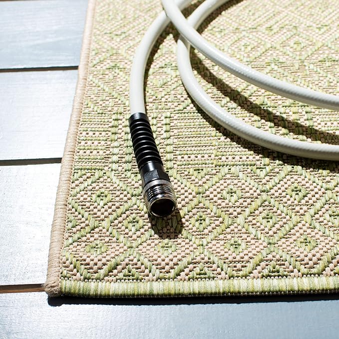 SAFAVIEH Washable Rug Outdoor Courtyard Collection - 5'3" Square, Beige & Green, Non-Shedding & Easy Cleaning, Ideal for Patio, Backyard, Mudroom (CY6235-21812)