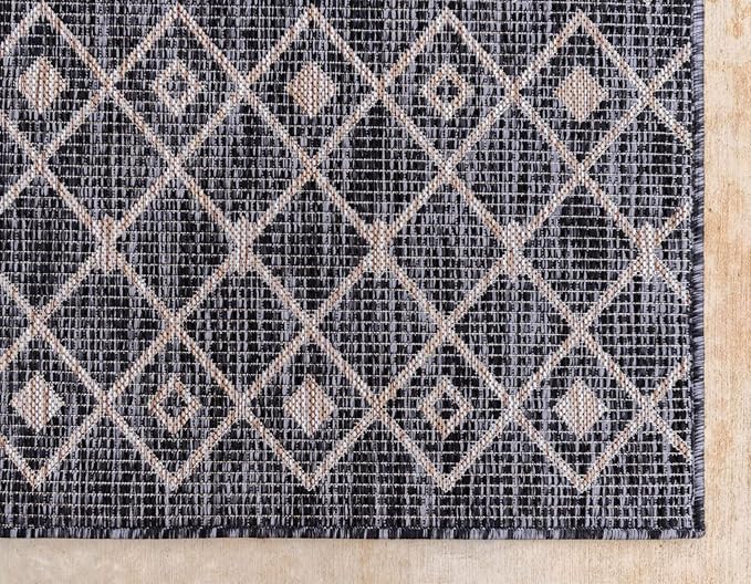 Unique Loom Outdoor Trellis Collection Area Rug - Tribal Trellis (9' x 12' Rectangle, Charcoal Gray/ Natural)
