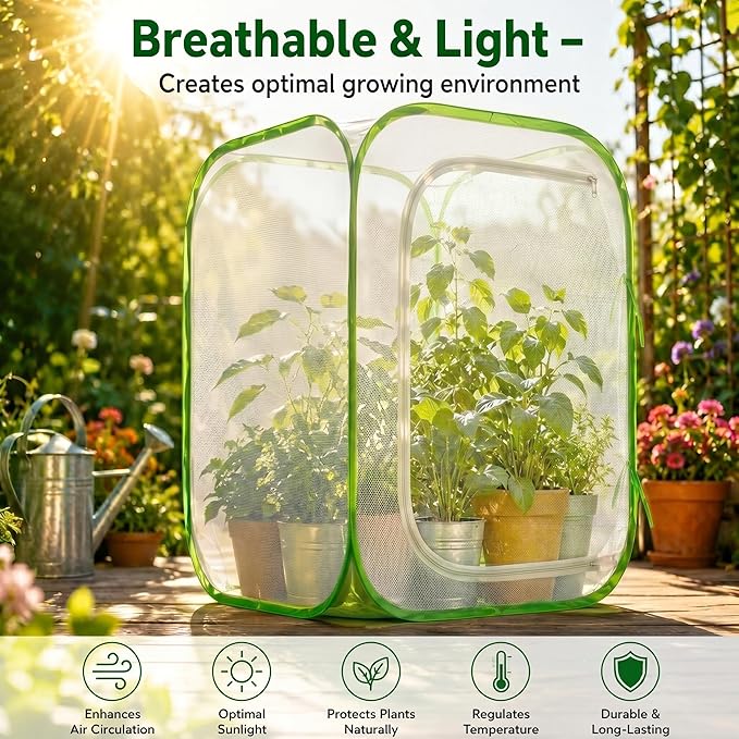 Pop Up Plant Tent, Zippered Mesh Grow Cage for Garden Pest Protection, Durable Reusable Plant Cover for Vegetables Fruits Flowers Against Birds & Insects for Outdoor Indoor Plants(35 x 35 x 59 Inches)