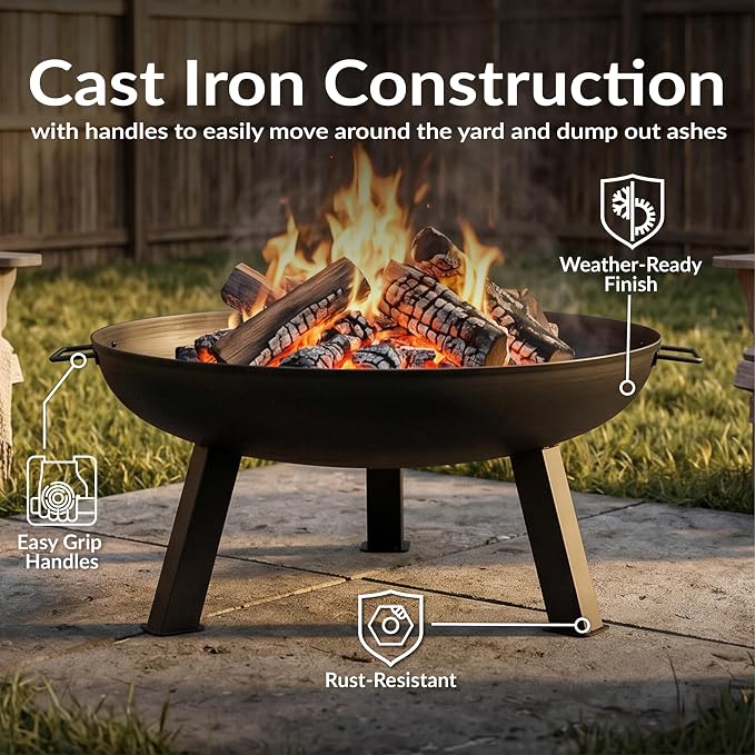 Sunnydaze Cast Iron Heavy Duty Fire Pit for Outside - Wood Burning Outdoor Fire Pit Bowl with Handles for Patio, Backyard, Camping - 30" - Black