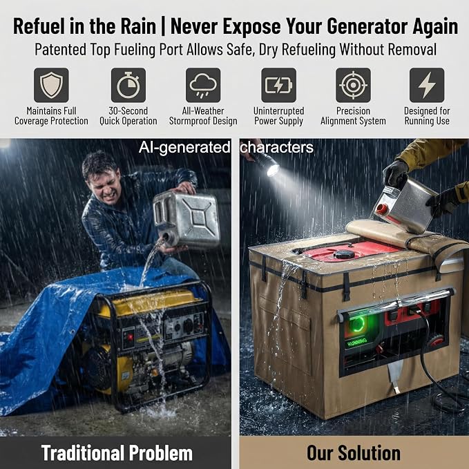 Generator Covers While Running, 32"L x 24"W x 24"H Heavy Duty Waterproof Generator Covers for Outside, Compatible with 5000W-10000W Generator, Overall Protection for Generator, Khaki