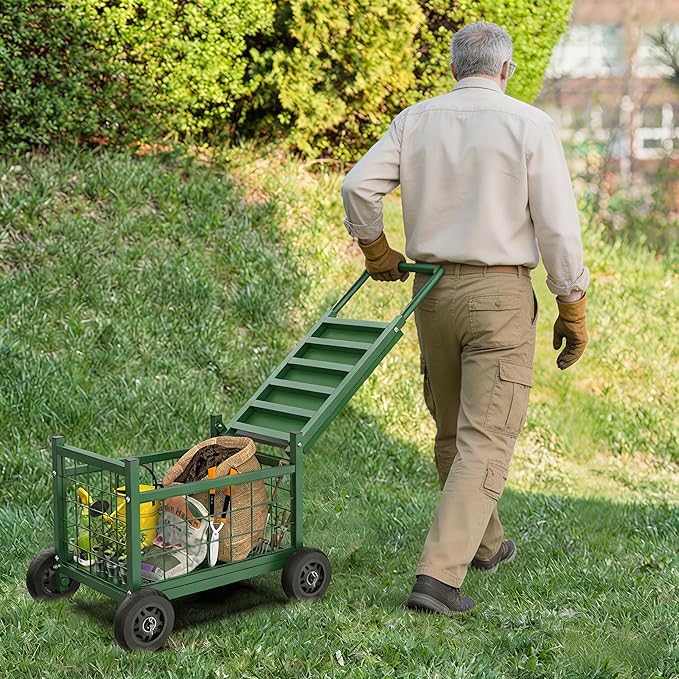 Extra Large Garden Cart with Seat, 3-in-1 Rolling Workseat with Wheels | Upgraded Large Storage Basket Garden Rolling Stools with Wheels, Supports up to 500 LBS for Seniors Gardening, Green