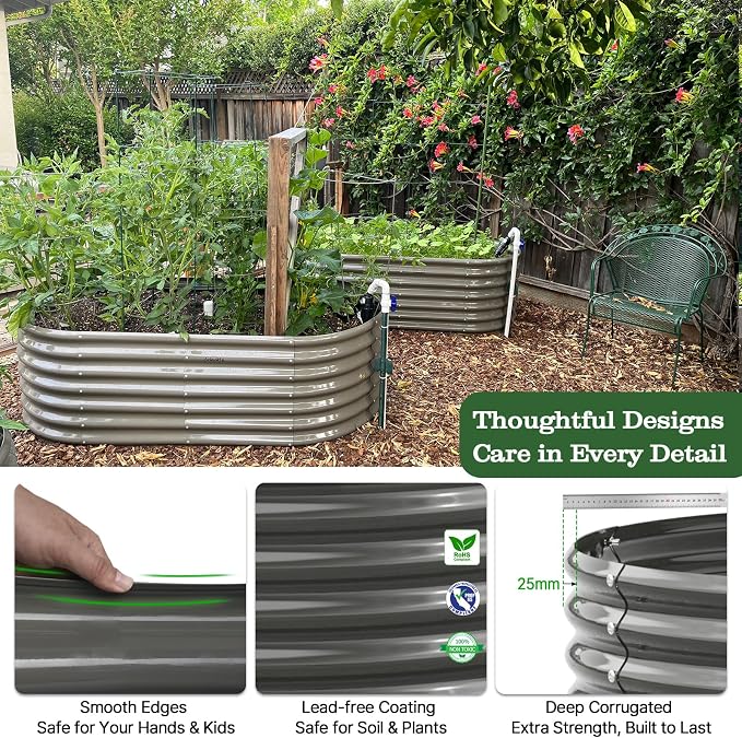 A ANLEOLIFE 6X3X2 ft Galvanized Raised Garden Beds Outdoor, Oval Large Metal Deep Root Planter Box for Planting Vegetables Flowers Herb, Anti-Rust & Easy-Setup, Quartz Grey