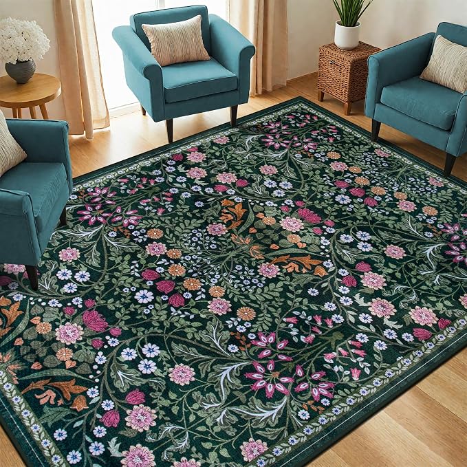 PLHXFR Area Rug Living Room: 5x7 Floral Washable Boho Carpet Dark Green | For Bedroom Dining Room Farmhouse Nursery Hallway,Vintage Floral,Machine washable,Non Slip,Stain Resistant,Large Indoor