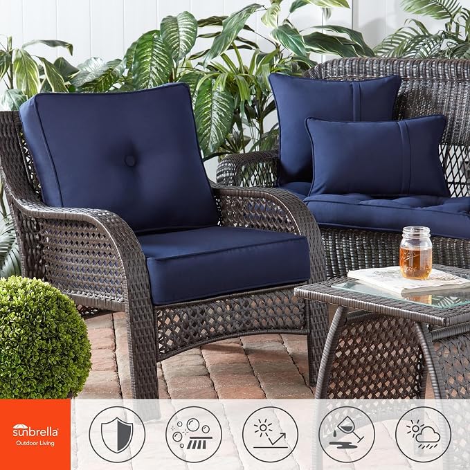 Sunbrella Deep Seat Cushion Set – Seat & Back Cushions for Patio Chairs, Sofas & Loveseats – Fade Resistant Outdoor Fabric, Ties, Zippered Cover, Cord Trim, Canvas Navy