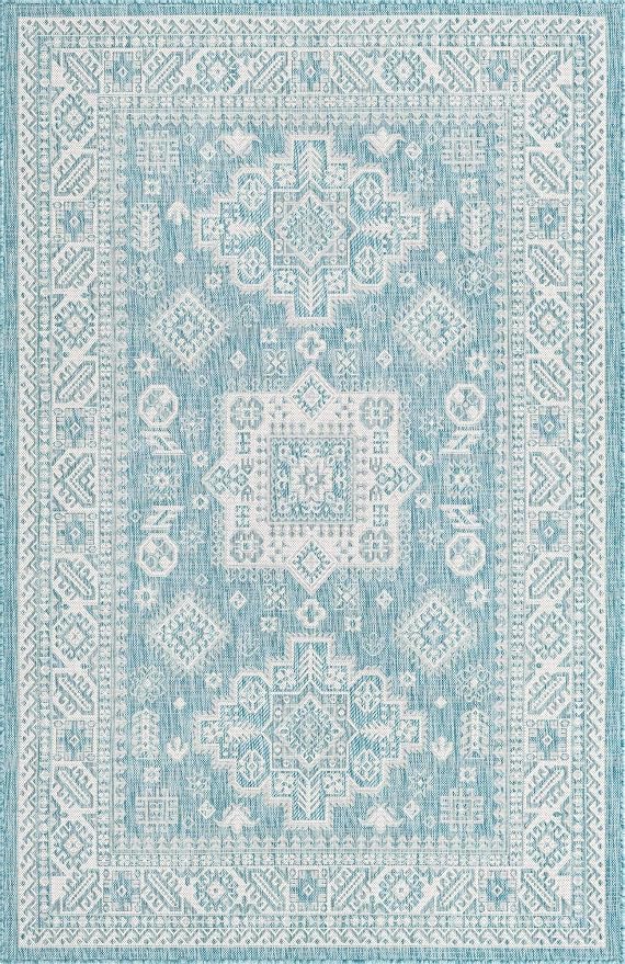 Unique Loom Outdoor Aztec Collection Area Rug - Chalca (5' 3" x 8' Rectangle, Aqua/ Ivory)