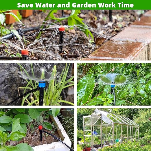 240FT DIY Automatic Drip Irrigation System Kits for Garden Plant Watering Misting System for Greenhouse Patio Lawn with Adjustable Drip Emitters 5/16" and 1/4" Irrigation Tubing Connectors Fittings