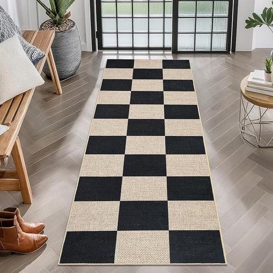 GarveeHome Checkered Easy Jute Runner Rug 2x6 Non-Slip Machine Washable Stain Resistant Indoor Outdoor Rugs for Living Room, Bedroom, Kitchen, Dining, Patio - Farmhouse Style Black