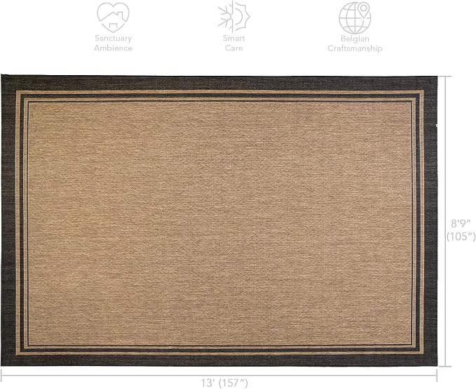 Gertmenian Indoor/Outdoor Flatweave Area Rug - 9x13 Extra Large, Stain & UV Resistant, Ideal For Deck, Patio, Poolside, Mudroom - Simple Border, Black/Tan, 22012