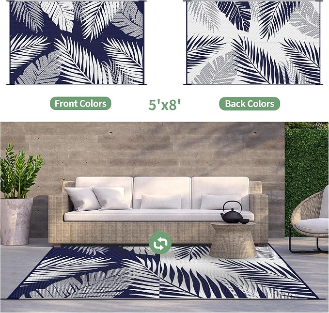 GENIMO Outdoor Rug 5' x 8' Waterproof for Patios Clearance, Reversible Outdoor Plastic Straw Camping Rug Carpet, Large Area Rugs Mats for RV, Picnic, Backyard, Deck, Balcony, Porch, Beach, Blue&White