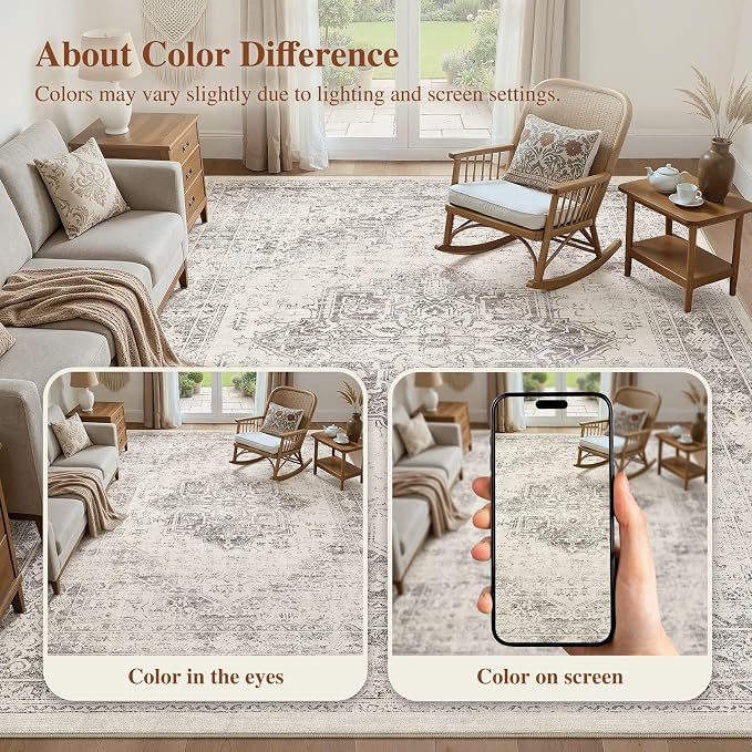UERMEI 10x14 Area Rug Living Room Rugs - Washable Vintage Soft Large Rug Indoor Floor No Slip Rug Carpet for Bedroom Farmhouse Under Dining Table Home Office Decor - Beige/Camel
