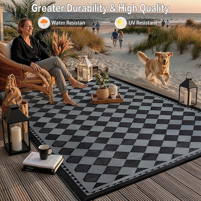 HUGEAR Outdoor Waterproof Rug 5'x8' Plastic Straw Rugs Washable Reversible Floor Mat Black/Grey Plaid Carpet for Camping RV Deck Entryance Porch Picnic Balcony Beach Backyard