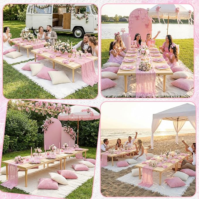 Beeveer 28 Pcs Picnic Kit 91x71 Extra Large Outdoor 2 Boho Picnic Blanket with 2 Pink Table Runner, 12 Throw Pillow Cover 12 Napkin Woven Cotton Yarn Oversize Washable Beach Blanket for Camp Wedding