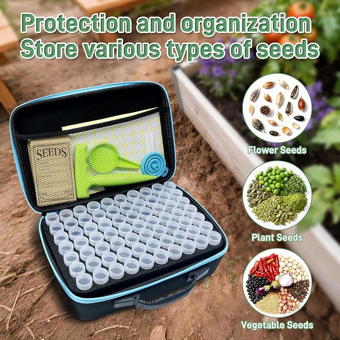 140 Slots Seed Storage Organizer Kit with 20 Envelopes, Waterproof Seed Storage Box, Transparent Bottles, Tweezers, Funnel, Sower for Vegetable Flower Garden Seeds Saver Kit for Vegetable
