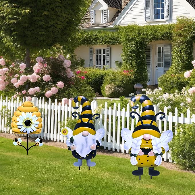 Cinnvoice 3 Pcs Bee Metal Gnomes Stakes 25.4'' Decorative Garden Stakes Spring Yard Gnome Decor with Honeycomb for Lawn Patio Yard Outside