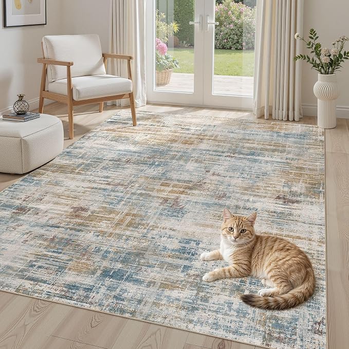 UERMEI 5x7 Area Rug for Living Room Washable Abstract Blue Brown Carpet | Low Pile Non-Slip Soft Neutral Modern Kid Pet Friendly Large Rugs For Bedroom Dining Room Nursery Office Indoor Decor