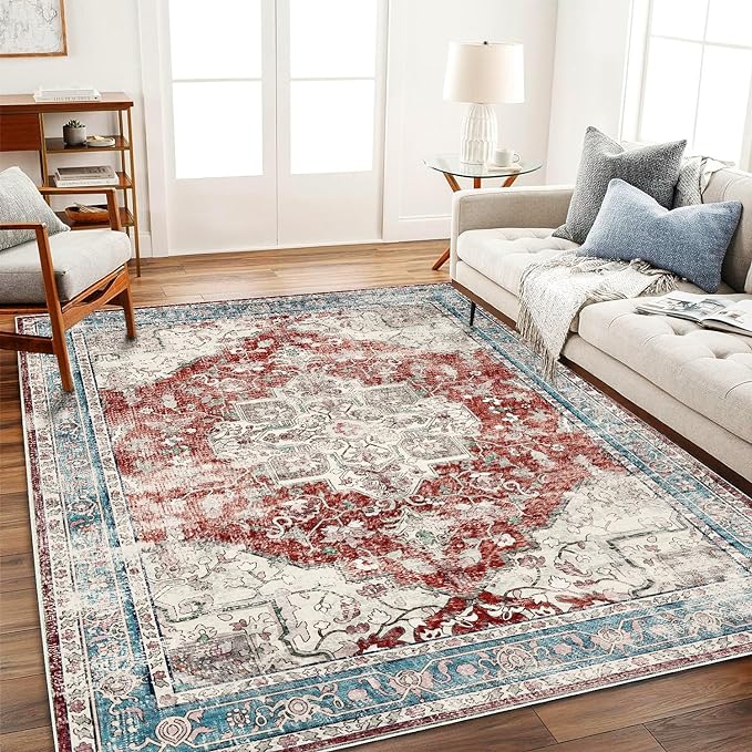 CHAMPLANT Area Rug 6'x9' Washable Red Blue Rug Vintage Traditional Floor Cover Retro Kitchen Indoor Distressed Non Slip Carpet Floral Print Mat Living Room Bedroom Dining Room