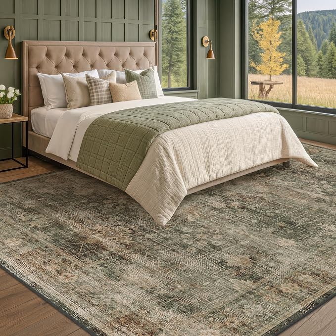 Boho 8x10 Moss Green Area Rugs for Living Room, Bedroom, Cottagecore Vintage Abstract Distressed Washable Rug for Dining Room, Stain Resistant Low Pile Non-Slip Ultra Soft, Moody Décor