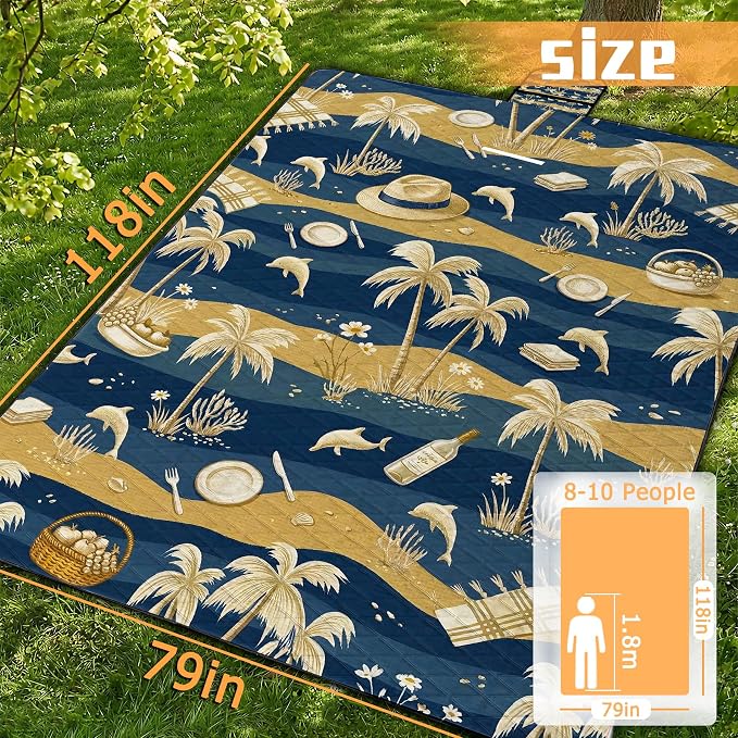 79" x 118" Picnic Blanket Extra Large,Waterproof Sandproof Foldable Outdoor Blanket Beach Blanket Ocean Picnic Mat for Camping,Lawn,Park(Coconut Tree)
