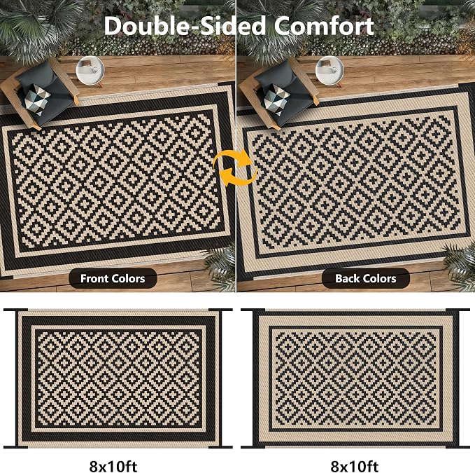 Kohree RV Outdoor Rug 8x10 Reversible, Waterproof Patio Mat with 4 Stakes & UV Fade Resistant, Non-Slip Outdoor Camping Mat for Deck, Picnic, Backyard, Includes Carry Bag (Black & Brown)