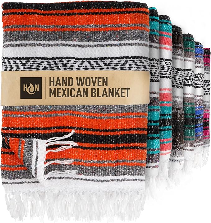Hydration Nation Authentic Extra Large Mexican Blanket (70"x50") - Handwoven Yoga, Serape - Artisanal Falsa, Beach, Camping, Picnic, Outdoor(Orange)
