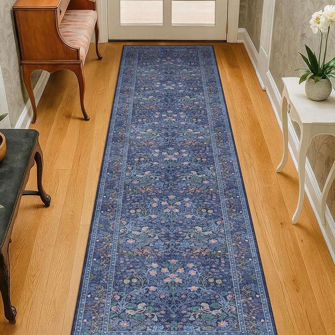 Dark Blue Washable 2x7 Runner Rug Non Slip - Stain Resistant 7ft Long Rug Runners for Bathroom, Kitchen, Entryway, Hallway, Bedroom Bedside - Low Pile Dusky Navy Vintage Floral Décor