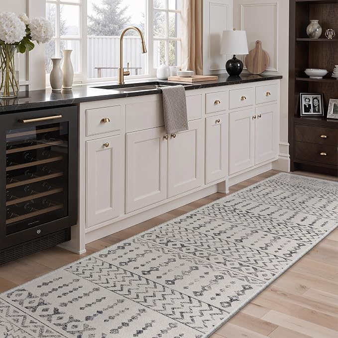 Art&Tuft 2x12 Runner Rug Non Slip, Washable Rug Runners for Hallways,Ivory | Low Pile, Moroccan Soft & Lighweight, Folable, Stain Resistant 12ft Carpet Runners for Entryway,Kitchen,Living Room,Bedroom