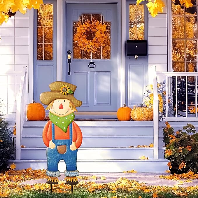 TERESA'S COLLECTIONS Fall Decor for Outdoor Home, Scarecrow for Garden Metal Stakes for Fall Decorations, Autumn Decor for Thanksgiving Decorations, Blue Harvest Yard Signs for Home Lawn Patio, 30"