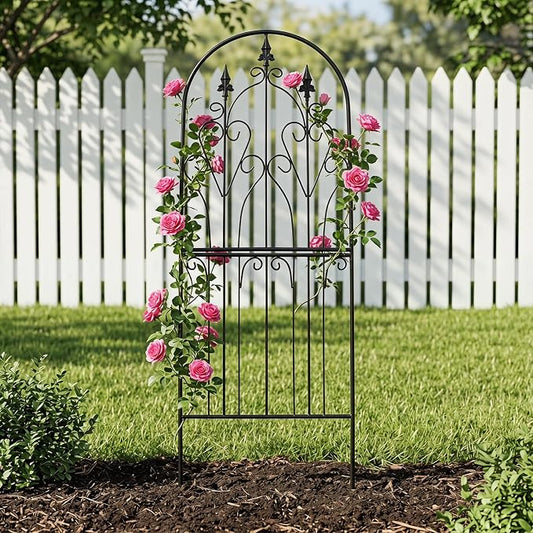 Garden Trellis for Climbing Plants 59" H x 21.7" W Metal Unique Design Decorative Garden Structure Weather-Resistant Lattice Outdoor Decor Flowers Roses Vine Ivy Clematis Black Coating